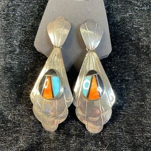 Vintage sterling silver inlay dangle earrings. Signed by artist.